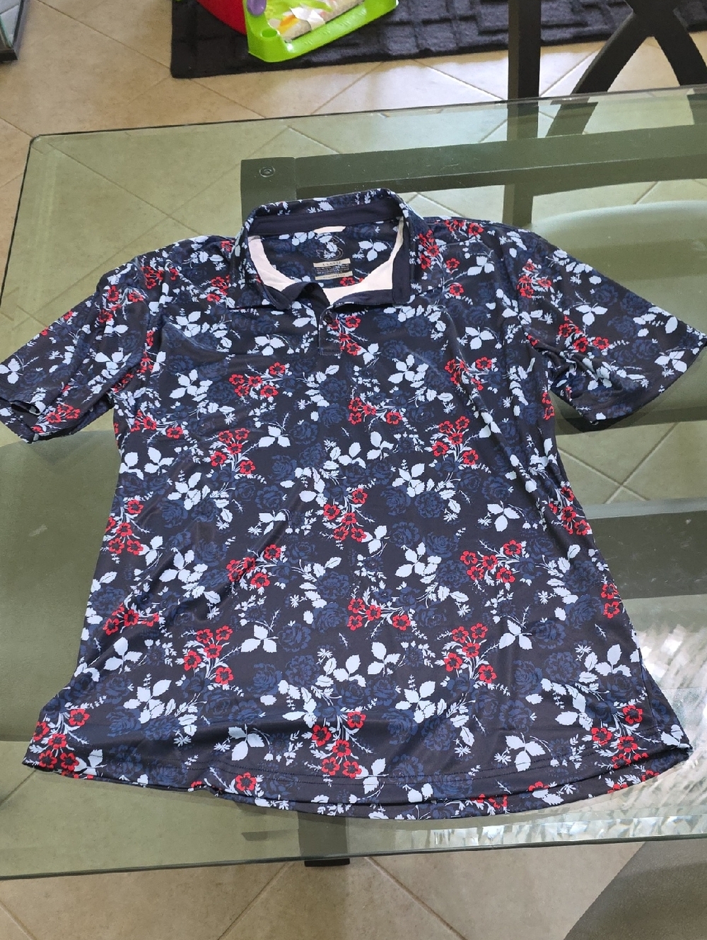Navy Floral Short-Sleeve Polo with Red & White Print